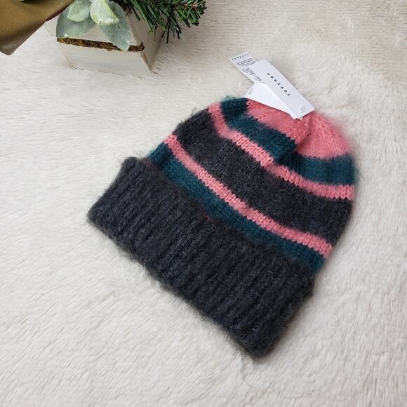 🚨NEW TOPSHOP Fuzzy Brushed Striped Beanie Hat OS - Picture 2 of 8